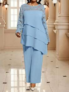 SHEIN Lady 大码蓝色套装，春夏套装，亮面套装，蕾丝拼接套装，休闲装，时尚系列，户外装，日常搭配，长袖上衣和裤子 - 藍色 - 查看 4