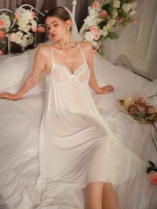 女士蕾丝网纱性感吊带睡裙，适合日常穿着和居家穿着 - 白色 - 查看 5