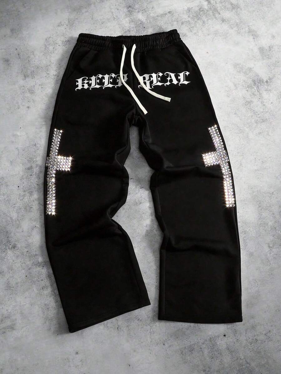 ROMWE MEN Men's Letter Print Drawstring Waist Pocket Loose Sweatpants - Black - View 1