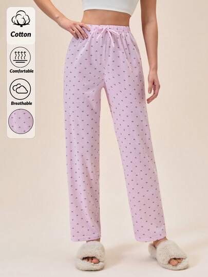 Loomlin Women Cotton Pink With Contrast Colour Striped Heart Patterned Fake Drawstring Detail Long Homewear Casual Cute Sleep Bottom Pants