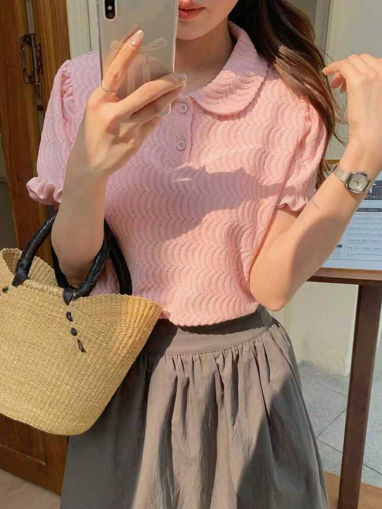 Textured Splice Colorblock Elegant Peter Pan Collar Girly T-Shirt For Women, Spring & Summer