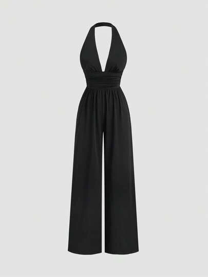 Sweetra Elegant Black Deep V-Neck Cinched Waist Wide Leg Jumpsuit, Suitable For Commuting And Gatherings, Spring/Summer