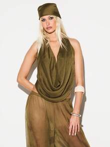KIZN SHEER TEXTURE COWL TOP AND BANDANA - Army Green - View 5