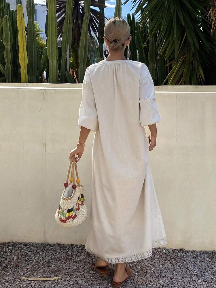 Elegant Party Holiday Festival Easter Round Neck Lace Loose Raglan Sleeve Midi Dress For Women, Summer Sundress
