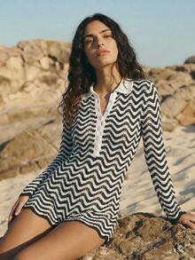 Maija Women's Vacation Beach Striped Hollow-Out One-Piece Swimsuit - Black and White - View 5