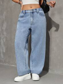 SHEIN Tall Summer Women's Tall Loose Casual Daily Commuting Going Out Outfits Versatile Elastic Waistband Wide Leg Blue Tapered Jeans - Light Wash - View 7