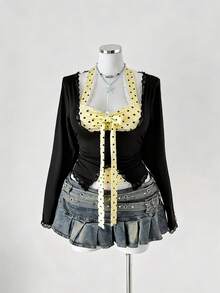 Sunspun 女士撞色蝴蝶结蕾丝饰边领口拼接长袖T恤，时尚设计 - 彩色 - 查看 2