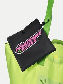 THE POWERPUFF GIRLS X SHEIN Bolso de mano grande con capacidad de moda y estampado de gato arcoíris - Verde claro - Ver 4