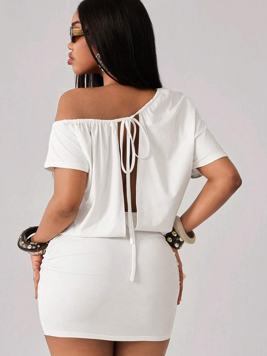 Coolane 女士春夏薄纱网眼串珠深V领不对称露肩露背短袖褶皱一字肩性感连衣裙 - 白色 - 查看 1