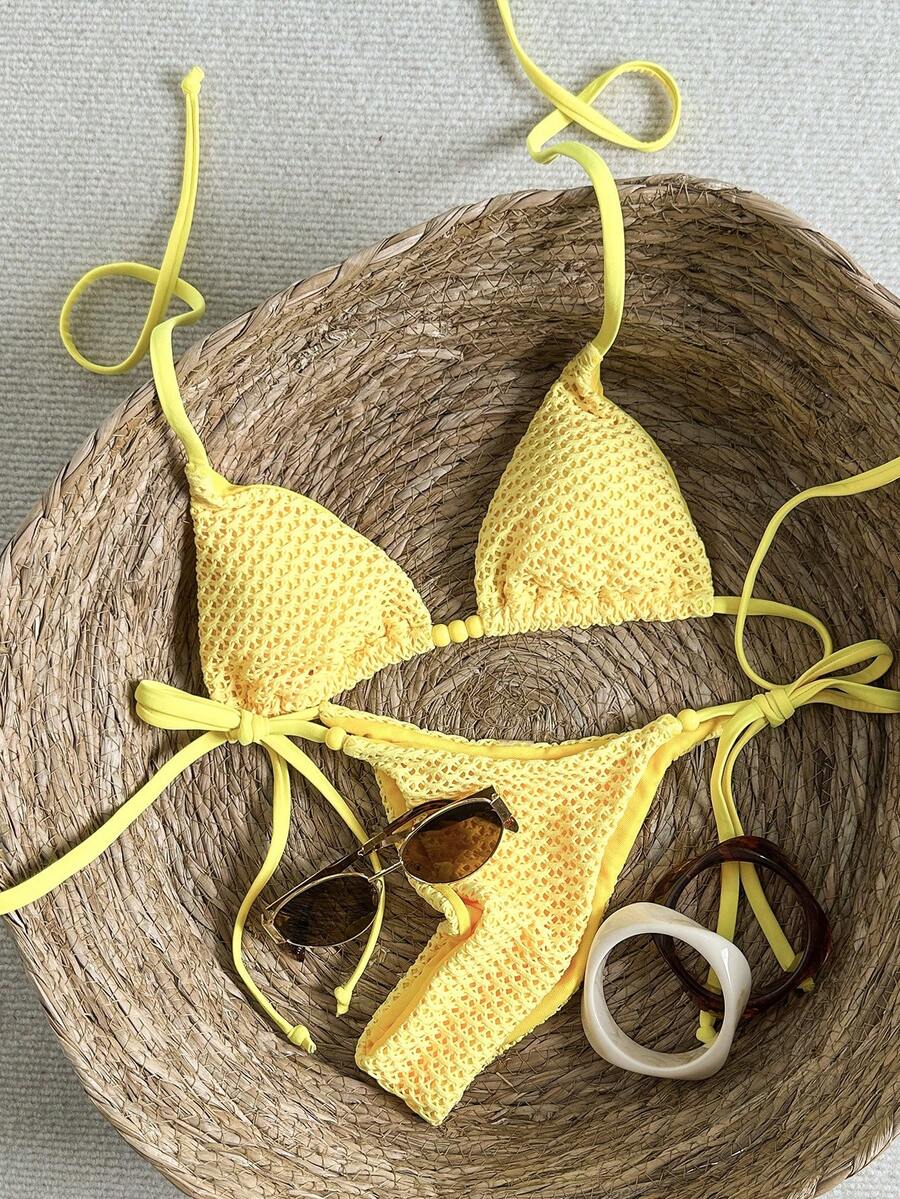 Swim Mod Bộ bikini hai mảnh đính cườm, kiểu cổ yếm, chất liệu vải dệt họa tiết, thích hợp cho nữ, mùa xuân/hè. - Màu vàng - Xem 1