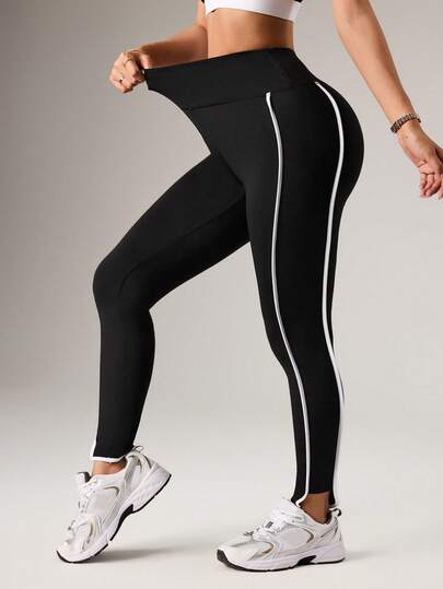 Dewbera Women's Sports Yoga Outdoor Gym Leggings, Side Dual Stripe Contrast Color Hem, Basic Style