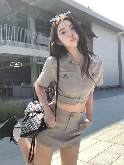 DAZY Women's Collared Solid Color Korean Style Short Sleeve Top And Mini Skirt 2-Piece Set