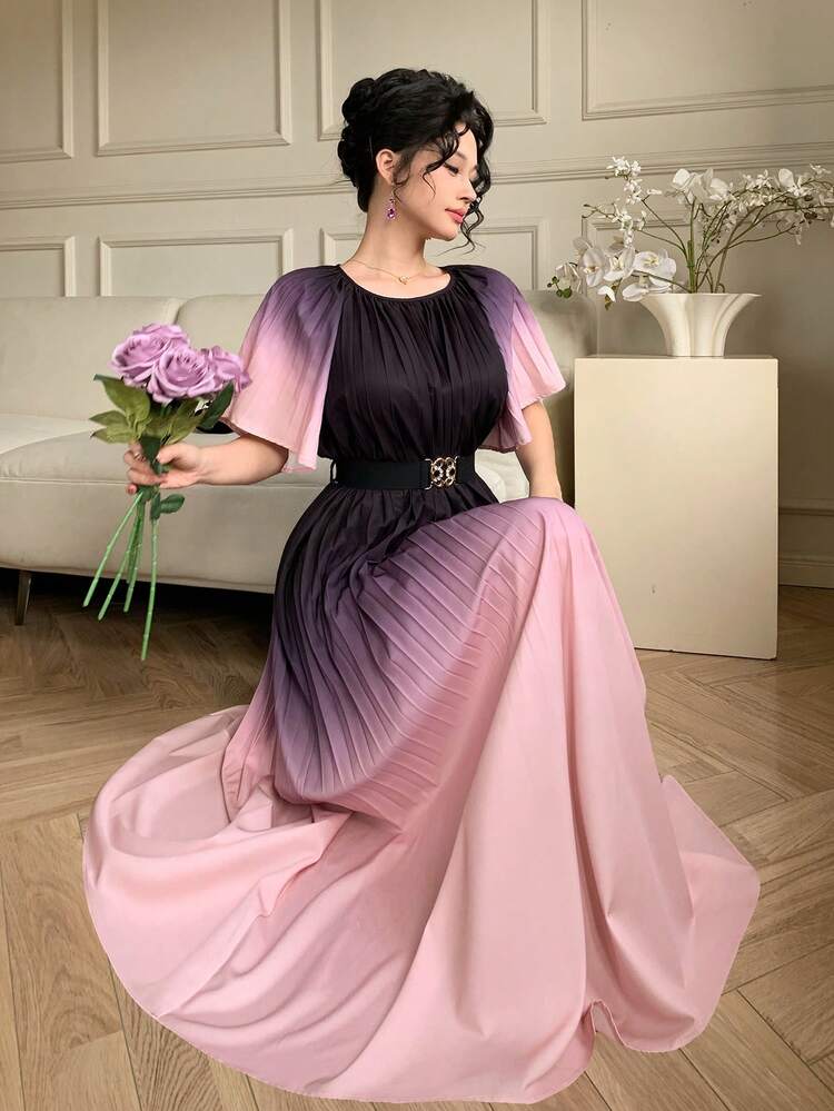 High-End Round Neck Short Sleeve Printed A-Line Dress, Waist Cinching Slimming Effect Dress Sundress