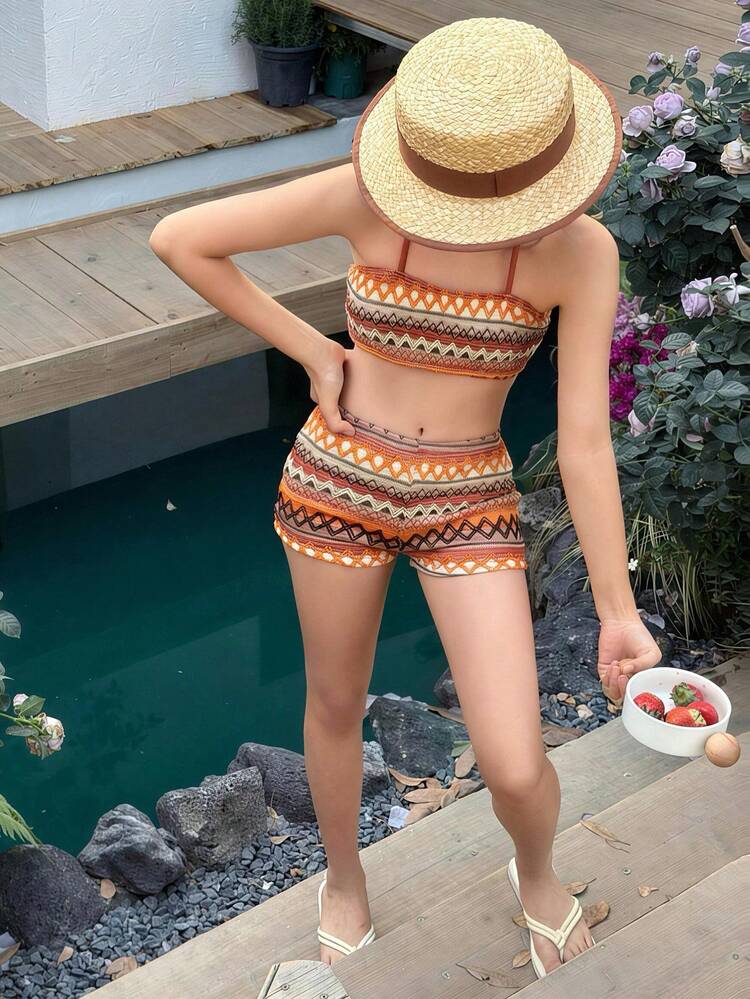 Tween Girl Summer Beach Patchwork Halter Fashion Bikini Swimwear Set