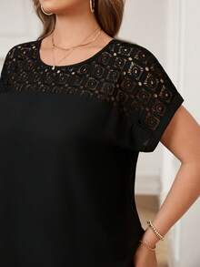 EMERY ROSE Plus Guipure Lace Yoke Cuffed Sleeve Top - Black - View 3