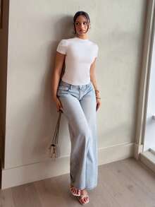 LHSEPT 短袖修身T恤，休闲胶囊衣橱日常机场度假返校季冬季优雅春夏必备 - 白色 - 查看 1