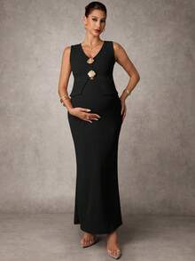 MaterniChic Conjunto de 2 piezas de camiseta y falda elegante con decoración de concha metálica para maternidad, verano - Negro - Ver 3