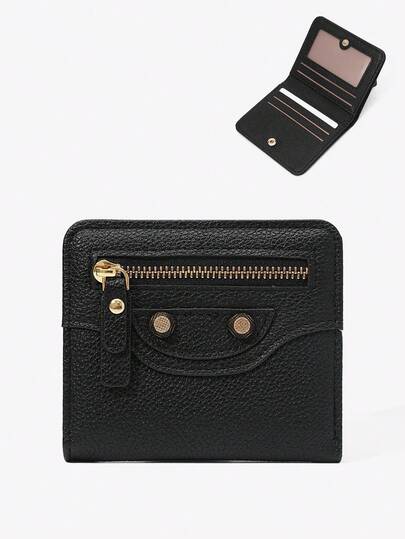 Viva Strut 1pc Ladies Women's Fashionable Black Leather, Gold Rivet Zipper Design, Short Wallet, Thin Short Wallet, Two-Fold Short Wallet, Suitable For Daily Travel, The First Choice For Gift Giving