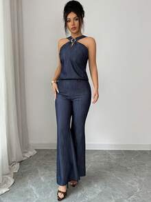 DAZY Damen elegantes ärmelloses Top und gerade geschnittene Hose 2-teiliges Set, Frühlings-/Sommer-Loungewear für Frauen - Blau - Übersicht 6