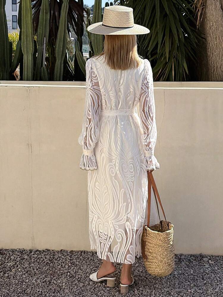 Women's Elegant Lace White Petal Sleeve Belted Mid-Length Dress, Spring/Summer,Wedding Guest Dress Women Sundress