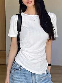 FRIFUL Women's Round Neck Ribbed Bodycon Short Sleeve Split Hem T-Shirt, Summer - Black - View 4