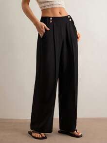 Freevana Women's Elegant Double Button Straight Office Pants - Black - View 6