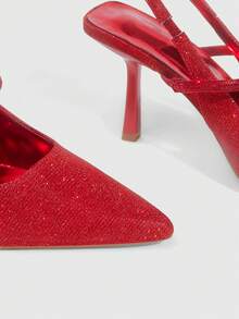CUCCOO SZL Women's Pointed Toe Glitter Rhinestone Elastic Band Fashionable Elegant Pumps High Heels - Red - View 4