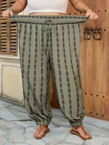 SHEIN CURVE+ Curve 尺码 US22 音乐节、海滨度假、波西米亚条纹灯笼裤、束腿裤、度假裤 - 彩色 - 查看 4