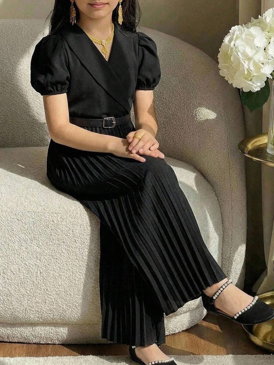 SHEIN Tween Girl French Elegant Lapel Bubble Sleeve Pleated Jumpsuit, Solid Color Woven Jumpsuit With PU Belt, Casual & Commute, Spring/Summer - Black - View 1