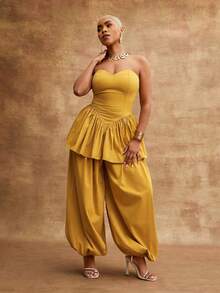Twill Sweetheart Neck Drop Waist Ruffle Peplum Hem Strapless Top - Yellow - View 3