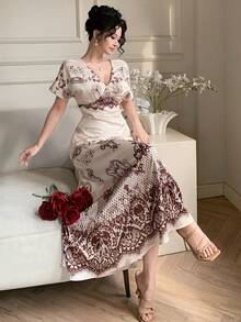 DAZY Spring & Summer Brown Lace Patchwork Floral & Geometric Print Dress, Suitable For Valentine's Day, Wedding, Party, Formal Occasion, Fashion Event, Elegant Commute, Waist-Cinched A-Line Midi Dress, Vacation Chic Sundress - Beige - View 1