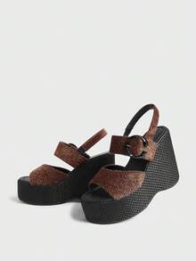 Sugerpunk 厚底凉鞋 女士拖鞋 鱼嘴坡跟 时尚女鞋 - 咖啡棕 - 查看 3