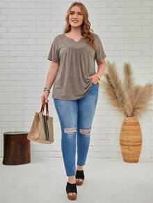 EMERY ROSE 大码夏季休闲纯色V领短袖T恤 - 巧克力棕 - 查看 5