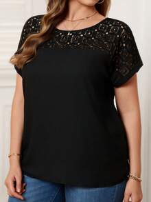 EMERY ROSE Plus Guipure Lace Yoke Cuffed Sleeve Top - Black - View 1