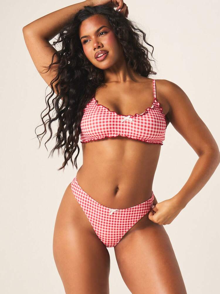 MISSGUIDED Gingham Print Thong With Bow Detail Summer Bikini Bottom Checkered Pattern Underwear Intimate Lingerie
