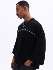 SUMWON 男士圆领短袖宽松T恤，饰有白色曲线细节设计，休闲舒适街头风上衣 - 黑色 - 查看 5