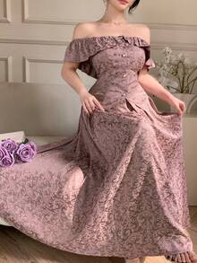 DAZY Women's Elegant Floral Off-Shoulder Ruffle Blouse And A-Line Skirt 2-Piece Set, Summer - Pink - View 8