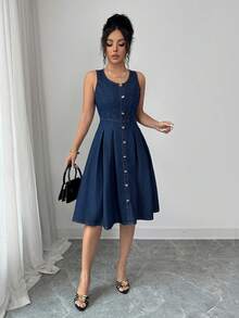 Elenzga Women's Denim Sleeveless Dress - Dark Wash - View 4