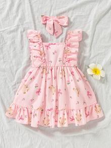 SHEIN Baby Girl Cute Summer Light Pink Halter Dress Graphic Strawberry Plaid Print Ruffle A-Line Dress For Birthday Party Holiday & Photos - Baby Pink - View 2
