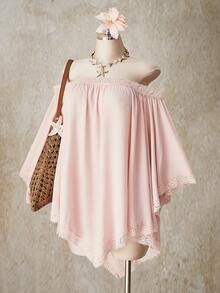 SHEIN ICON 加大码露肩蕾丝边薄纱沙滩罩衫，杏色波西米亚风度假罩衫 - 杏色 - 查看 5