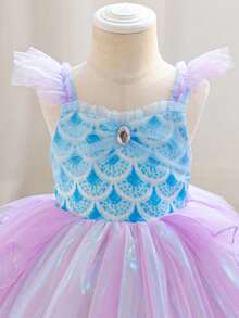SHEIN Glamorique Kids 女嬰公主洋裝，淺藍色花卉，夏季，花童，度假，吊帶荷葉袖，生日派對婚禮節慶舞會洋裝 - 紫色 - 查看 4