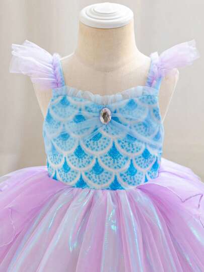 SHEIN Glamorique Kids Baby Girls' Princess Dress, Spaghetti Strap Cap Sleeve, Purple, Party Wear, Ball Gown, Birthday Party, Wedding, Formal Occasion, Jewel Embellished