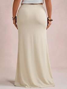 Freevana Plus Size Elegant Romantic Vintage A-Line Maxi Knit Skirt For Party And Gathering, Autumn/Winter - Apricot - View 2