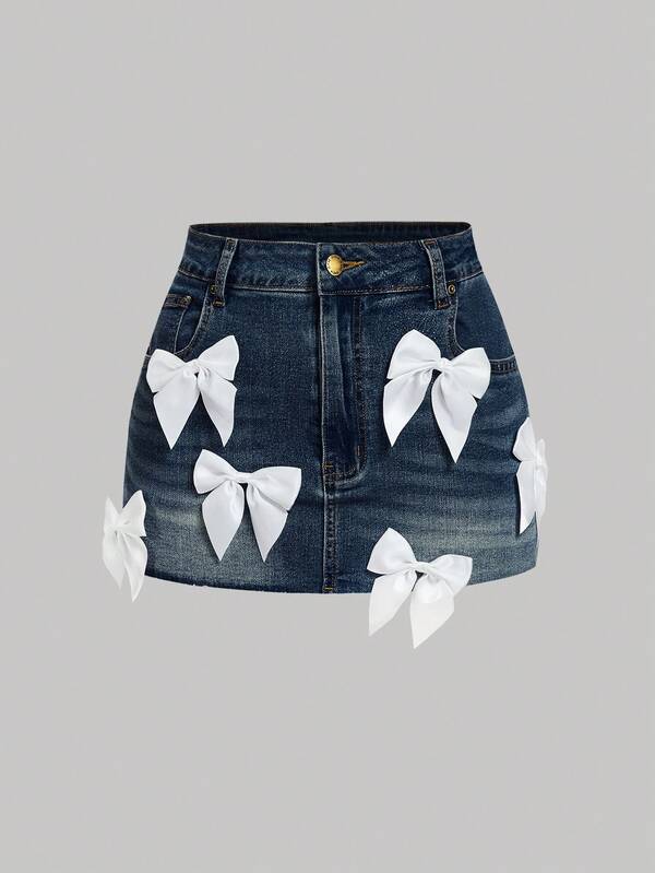 SHEIN MOD 女士休闲蝴蝶结装饰牛仔迷你裙，夏季