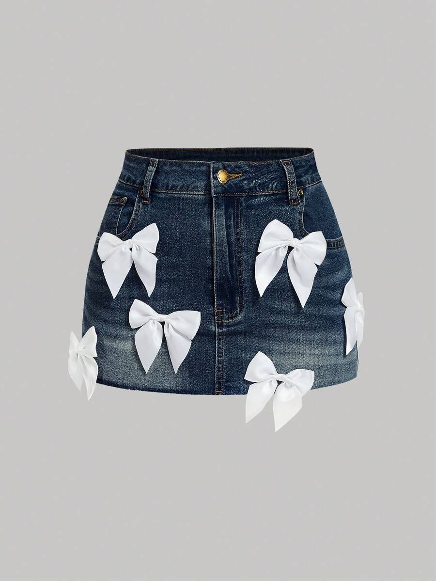 SHEIN MOD Chân váy ngắn denim nữ kiểu dáng thường ngày có nơ trang trí, thích hợp cho mùa hè. - Màu xanh lam - Xem 1