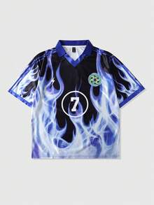 ROMWE MEN Street Life Men's Summer Casual Flame Print Short Sleeve Polo Shirt - Blue - View 2