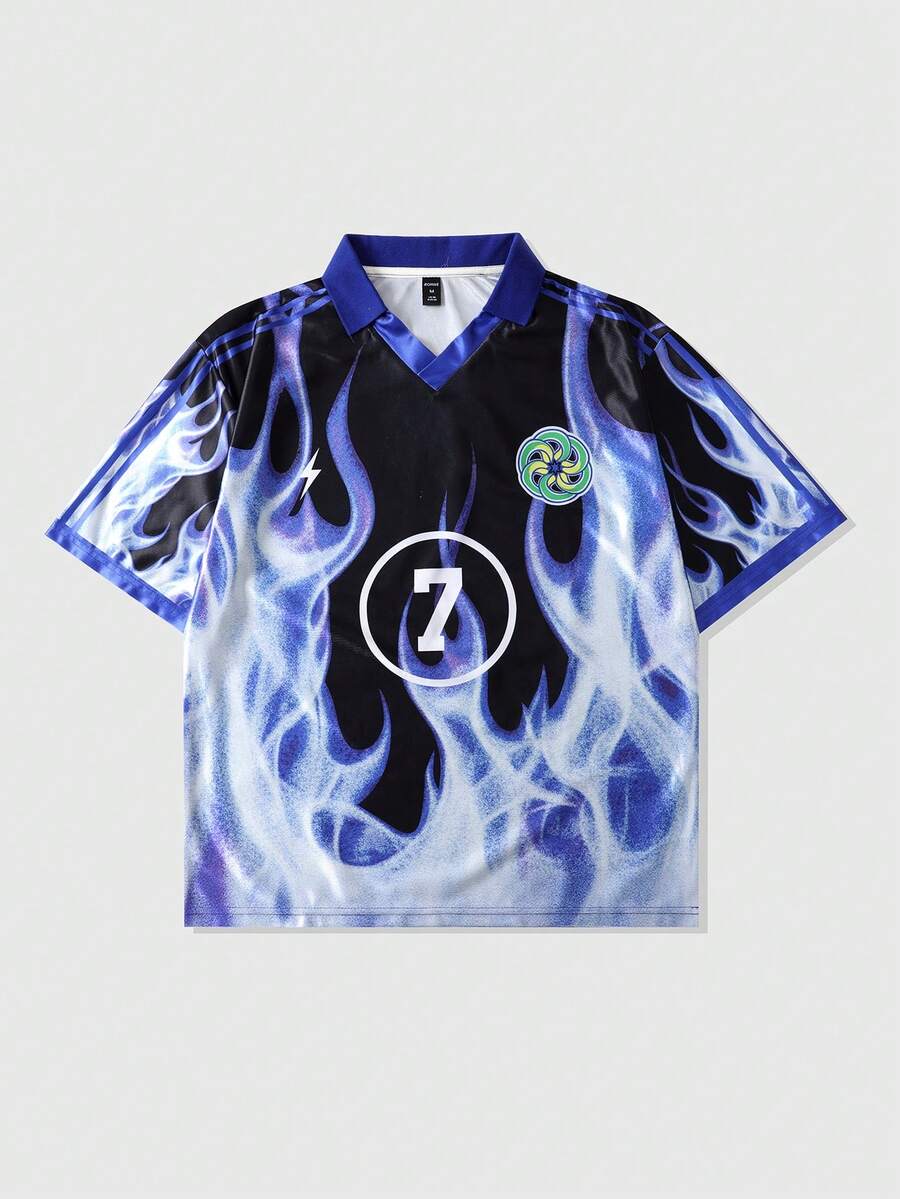 ROMWE MEN Street Life 男士夏季休闲火焰印花短袖Polo衫 - 藍色 - 查看 1