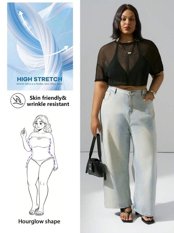 Hourglow Plus Size Women Summer Casual Solid Color Sheer Round Neck Short Sleeve Cropped Top