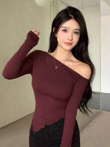 DAZY Women's Solid Color Asymmetric Hem Fitted Long Sleeve Fashionable T-Shirt - Burgundy - View 6