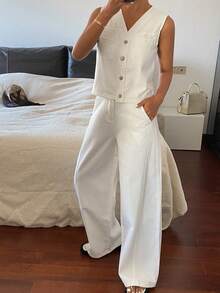 DAZY Women's V-Neck Sleeveless Open Front Fitted Denim Vest And Loose Straight Leg Jeans Casual Suit - White - View 2